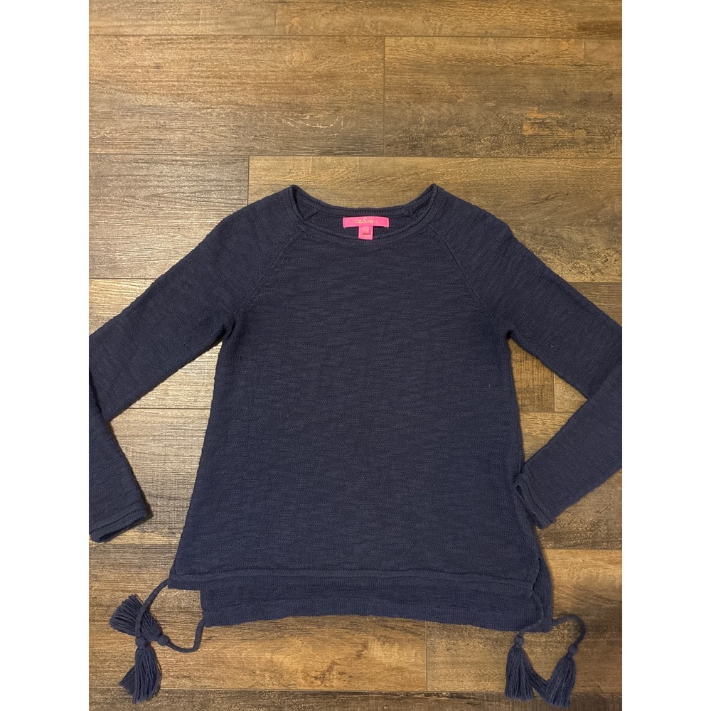 Lilly Pulitzer Navy Blue Tassel Hem Textured Knit Sweater XXS Raglan Sleeve